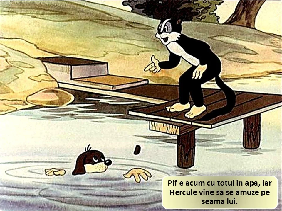 O ilustrare animata cu un personaj care se bateau deasupra apei si un alt personaj care il observa de pe un pont.