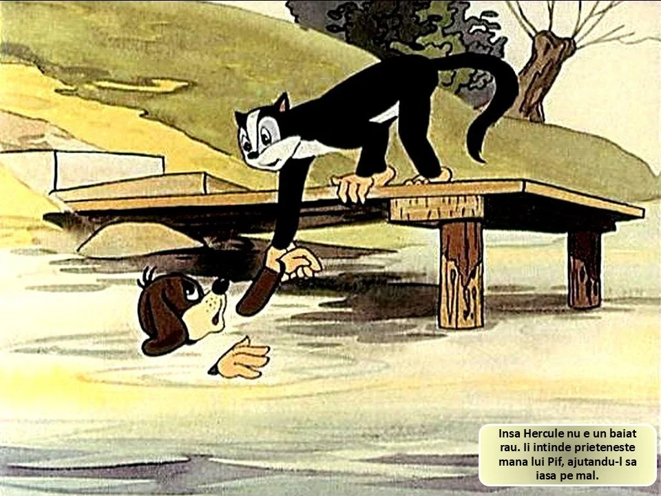 Imagine animată cu un câine și o pisică, câinele fiind ajutat să iasă din apă de pisică.