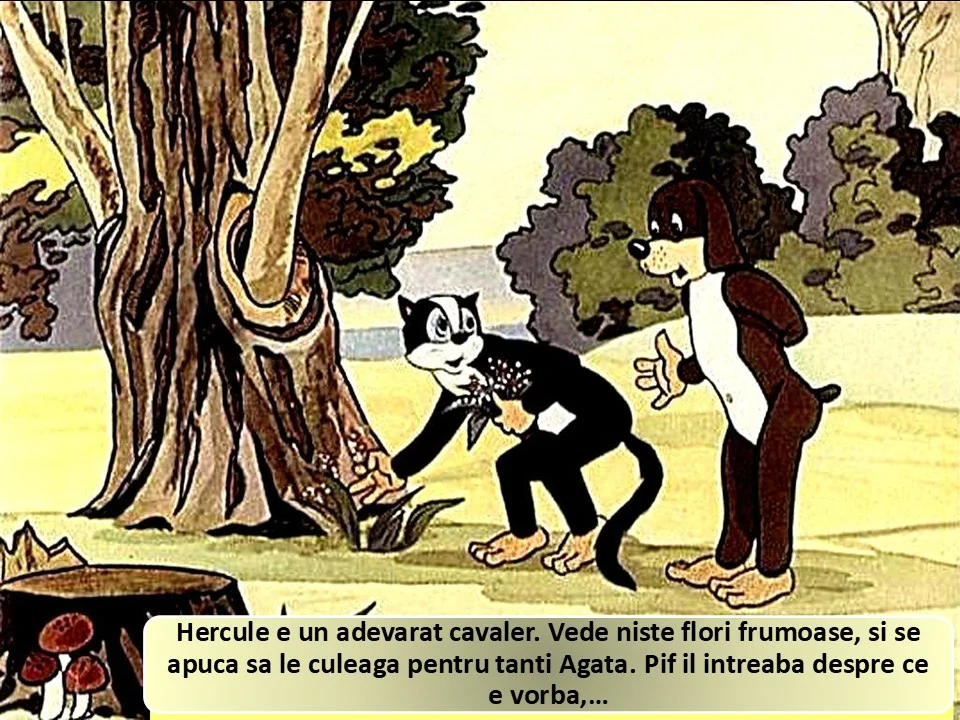 Un desen animat cu personaje care interactioneaza intr-un peisaj de natura.