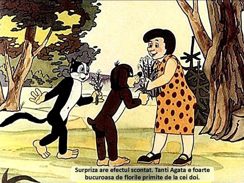 Ilustrație cu doi câini și o femeie care oferă flori, arătând o scenă de bucurie.