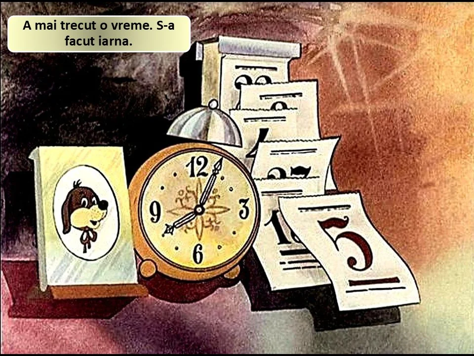 Ilustrație cu un ceas și pagini de calendar, textul anunțând trecerea timpului și venirea iernii.