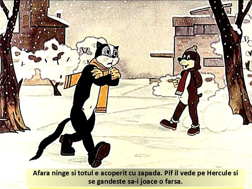 Imagine cu personaje animate într-un peisaj de iarnă, unde ninge.