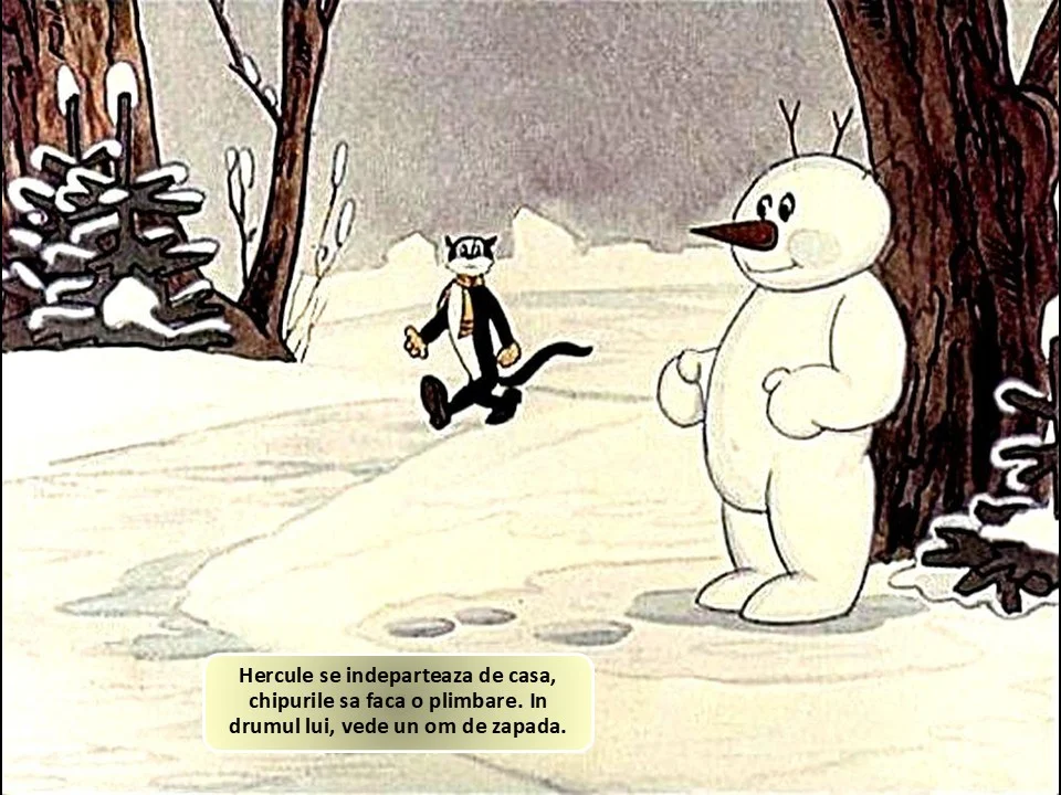 Un personaj animat, numit Hercule, merge pe un drum acoperit cu zapada, intalnind un om de zapada.