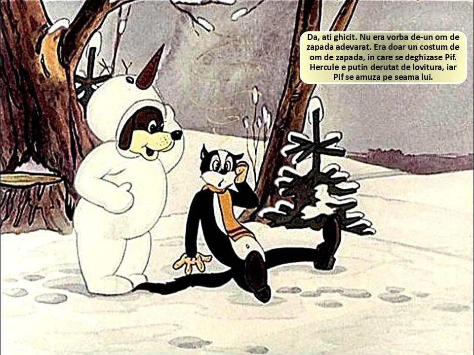 Două personaje animate în peisaj de iarnă, unul îmbrăcat într-un costum de om de zăpadă, discutând despre confuzia creată de aspectul lor.