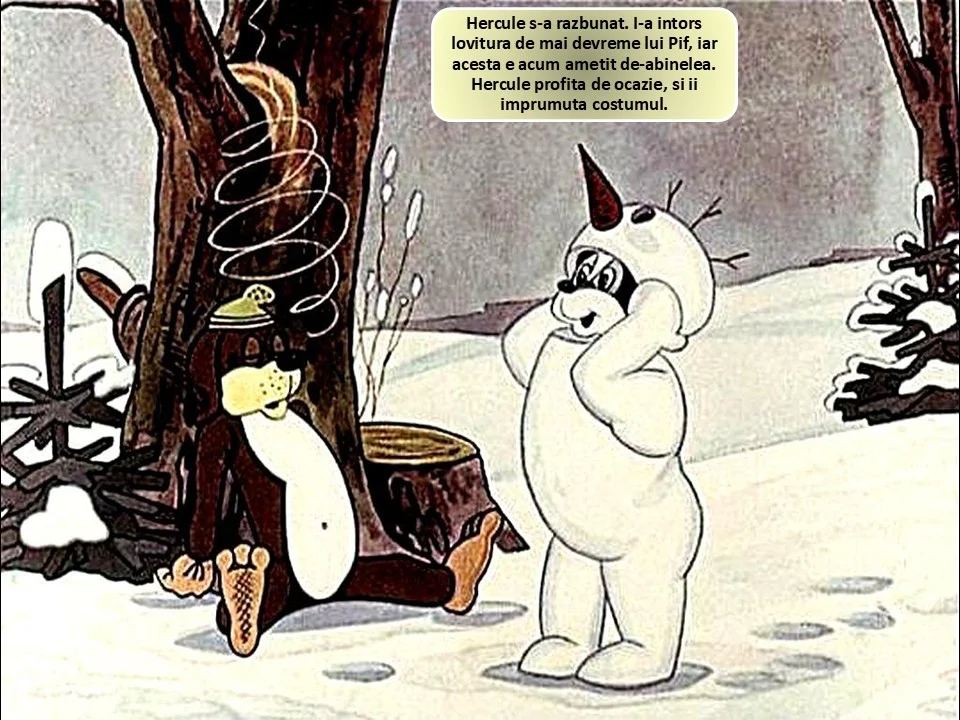 Imagine dintr-un desen animat cu două personaje, unul îmbrăcat într-un costum alb de om de zăpadă și altul într-o poziție relaxată, lângă un copac într-un peisaj de iarnă.