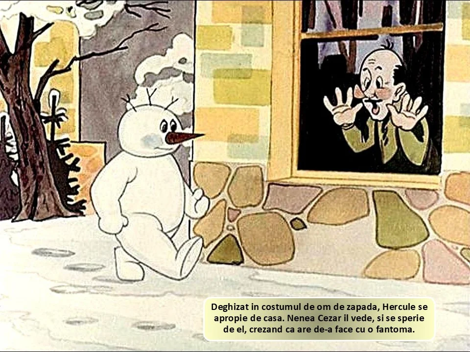 Imagine animată cu un om de zăpadă care se apropie de o casă, în timp ce un bărbat spionează prin fereastră.