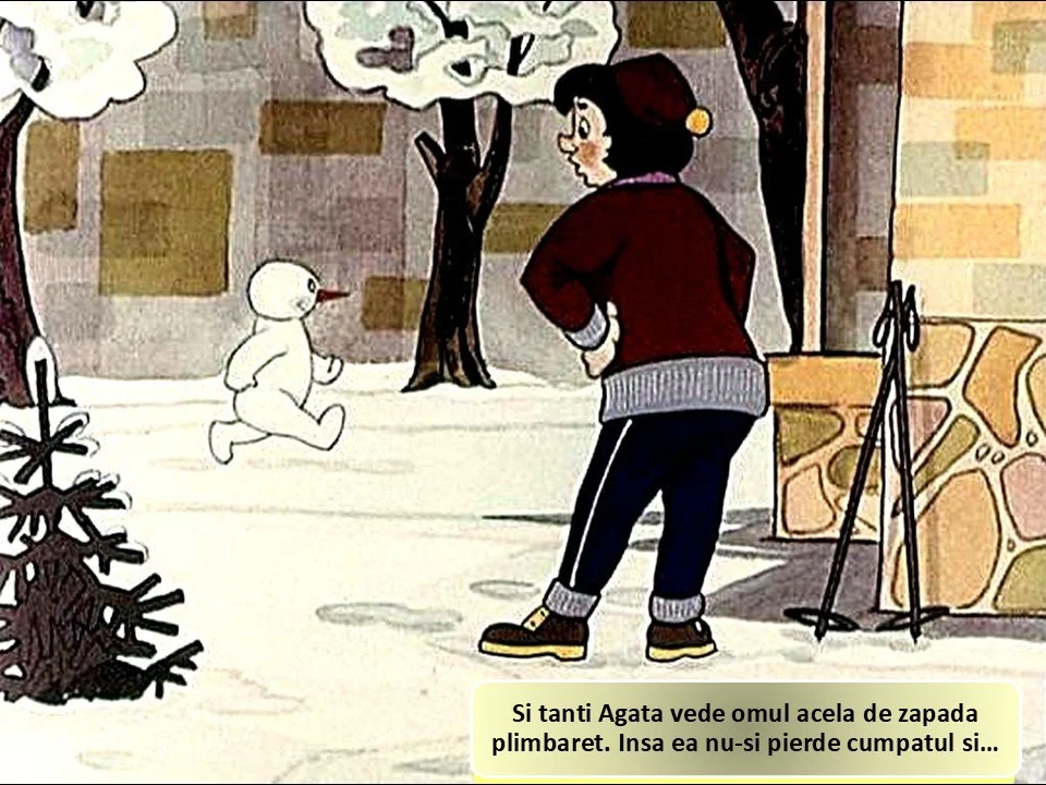 Ilustrație cu o femeie care observă un om de zăpadă în timp ce se plimbă pe un peisaj de iarnă.