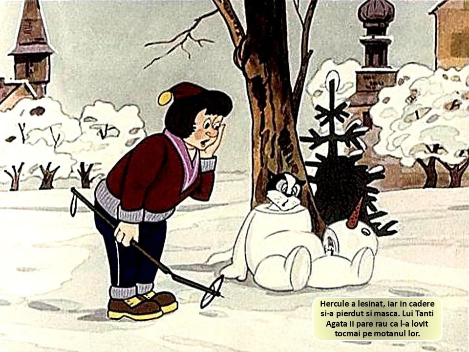 Desen animat cu un băiat care stă lângă un om de zăpadă și un motan, cu text explicativ în partea de jos a imaginii.