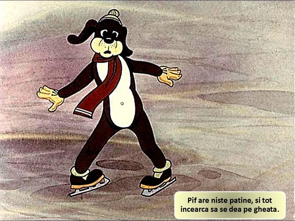 Un câine animat patinează pe gheață, încercând să se mențină în echilibru.