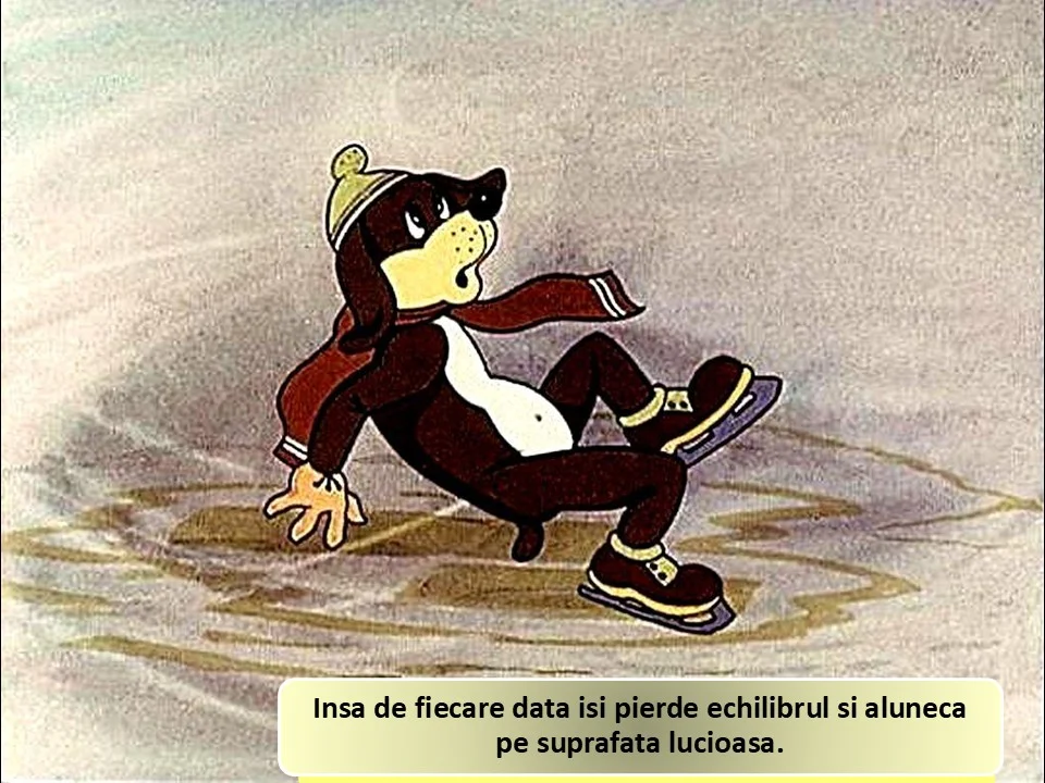 Un personaj animat pierde echilibrul si aluneca pe o suprafata lucioasa.