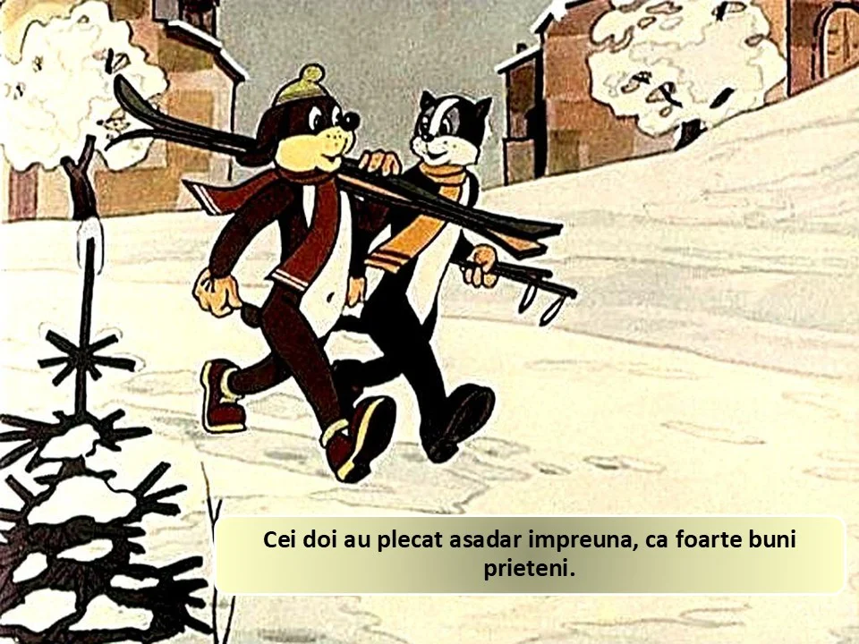 Imagine animată cu două personaje care merg pe zăpadă, purtând un schi, cu un text descriptiv sub ei.