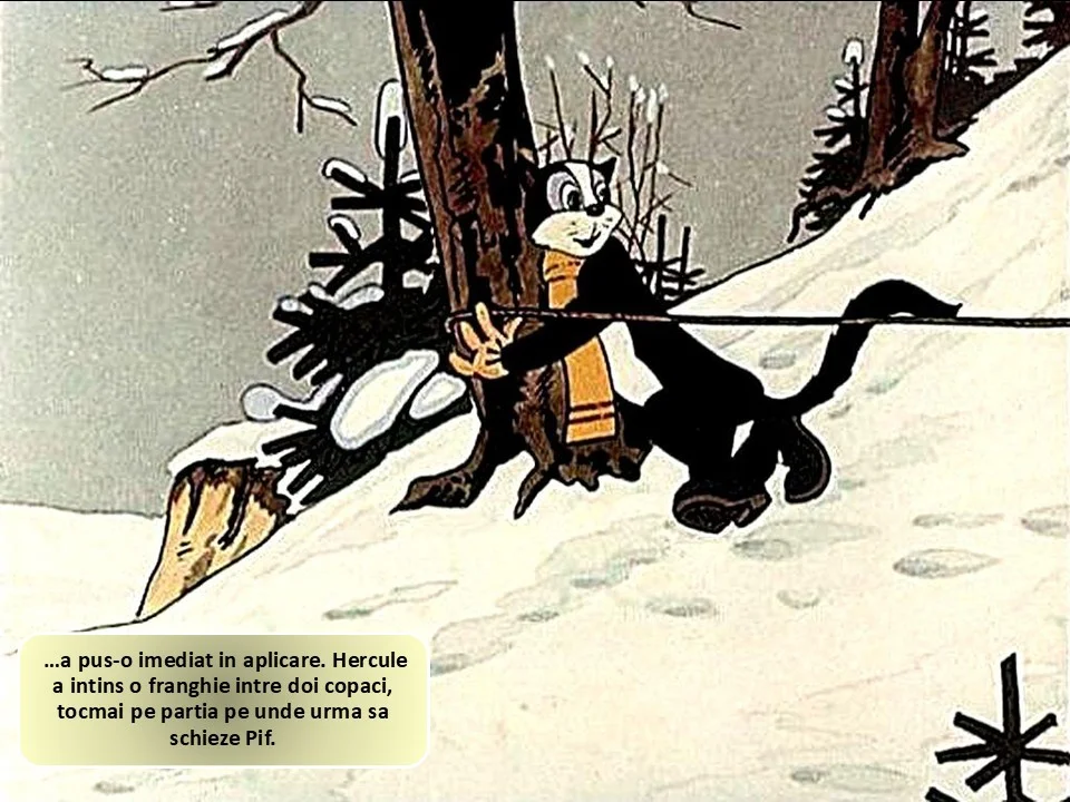 Ilustrație cu un personaj care trage o frânghie între doi copaci pe o pârte de schi, cu zăpadă și copaci pe fundal.