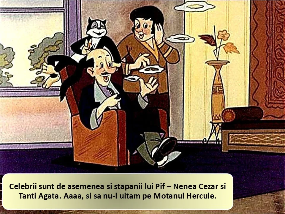 Imagine animată cu personaje care interacționează într-un interior, menționând celebrități și personaje dintr-o poveste.