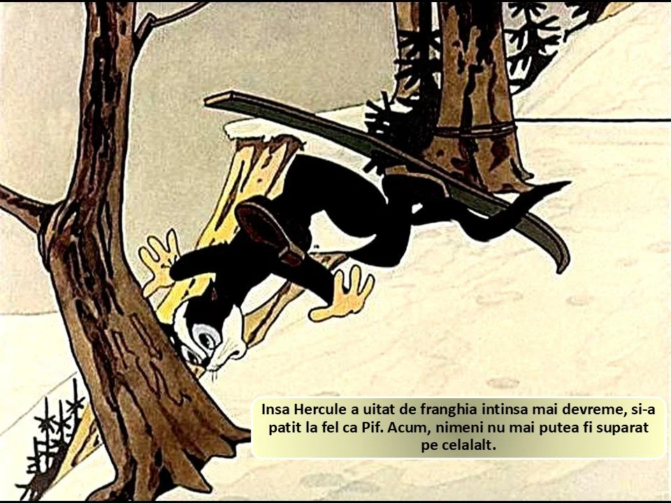 Un personaj animat într-o situație comică, alunecând pe o ramură, cu un text explicativ în partea de jos.