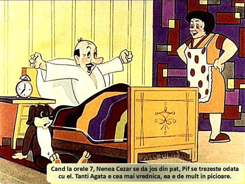 Ilustrație animate cu Nenea Cezar ridicându-se din pat, alături de Pif și Tanti Agata, într-o cameră colorată.