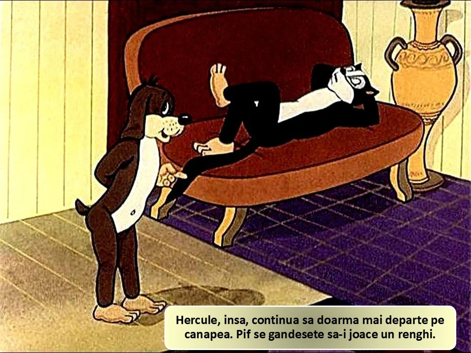O scenă animată în care un câine și o pisică stau pe o canapea, câinele se gândește să joace un truc pisicii care doarme.