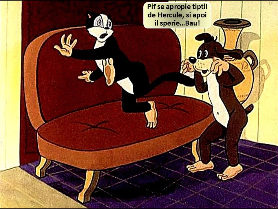 O scenă animată cu un pisoi și un câine pe o canapea, unde pisoiul este speriat.